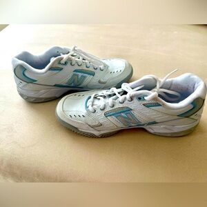 NB tennis shoes- size 7, white and light blue, worn two times.